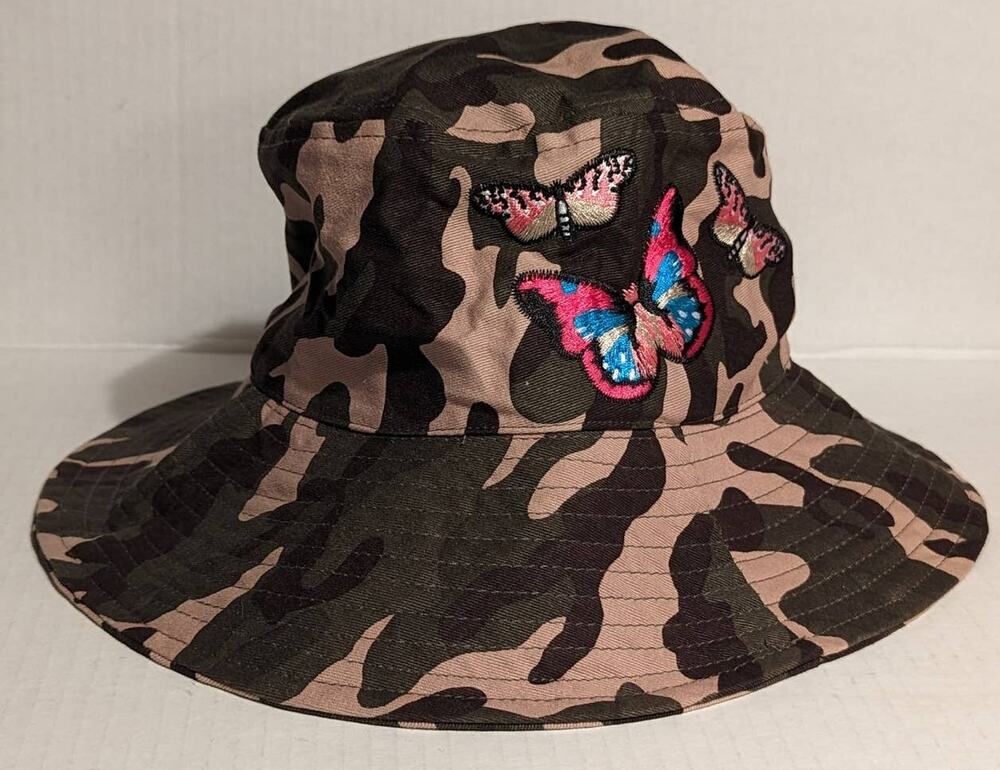 Smithsonian Bucket Hat NWT Green Brown Camo Butterfly Embroidery UPF 50+ Jungle
